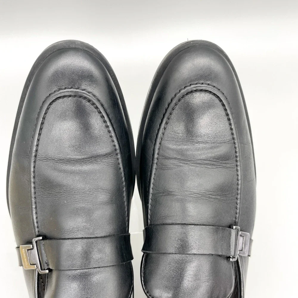 Bruno Magli Mens 12 Pablo Buckle Loafers Black Leather Apron Toe Shoes Preppy